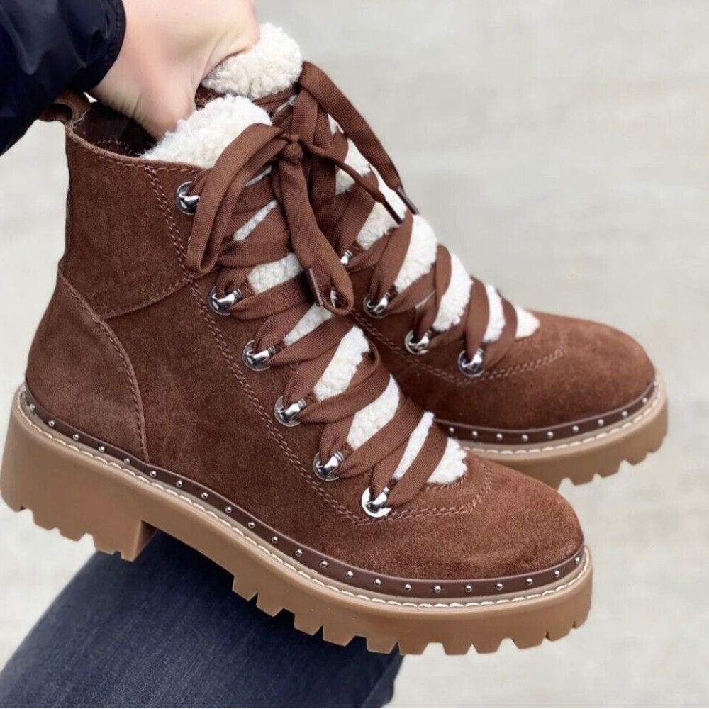 Steve Madden Brown Suede Lace-Up Shearling Combat Boots